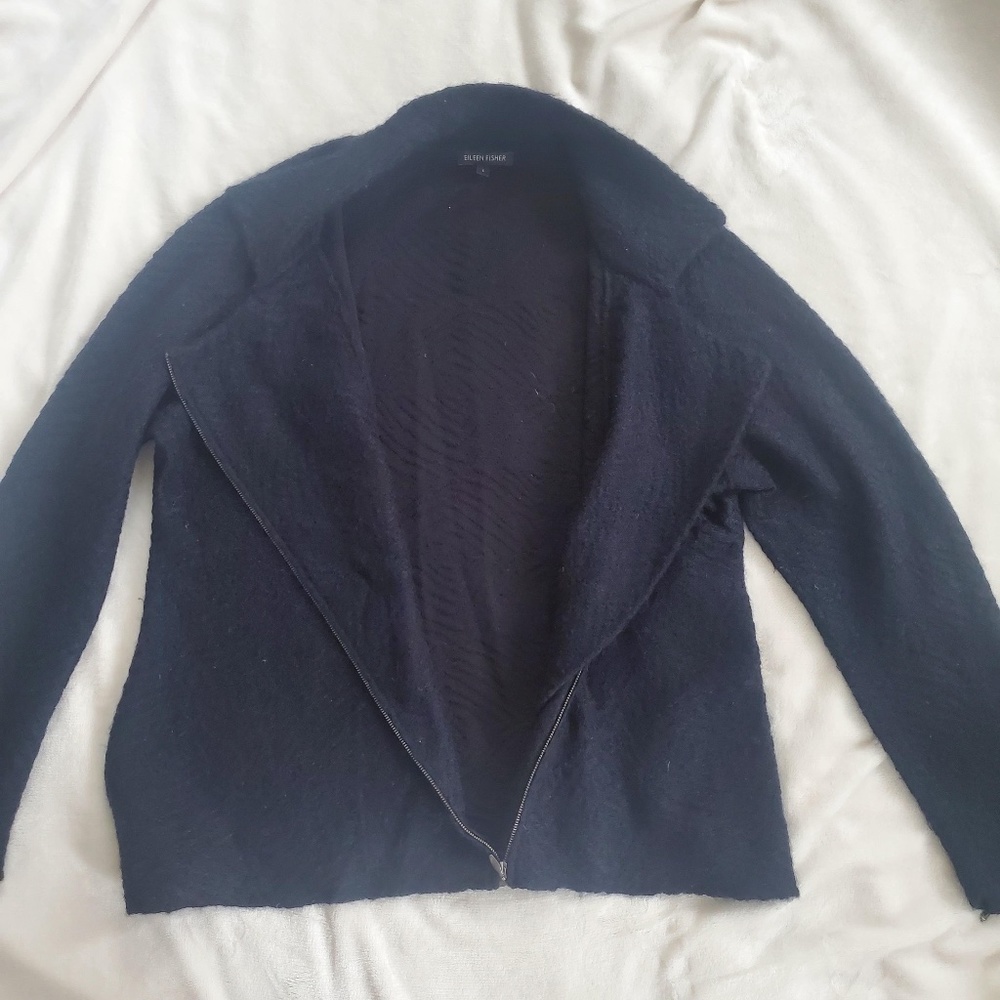 EILEEN FISHER WOMEN'S WOOL BLEND BLACK ANGLE-ZIP SWEATER SIZE L